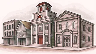 A bustling town street with diverse buildings including shops, schools, and public spaces.