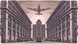 Multiple modes of transportation moving through a bustling urban intersection.