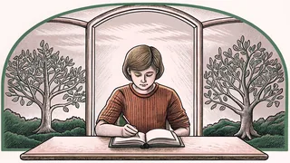 A scholar studying intently at a desk with children playing in the yard beyond.