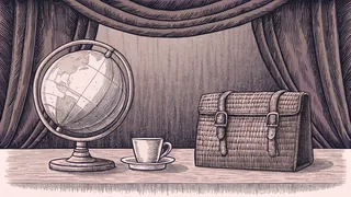A globe stands beside a teacup and a woven leather satchel on a table.
