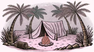 A tropical beach encampment features palm trees, driftwood shelter, and a fire pit.