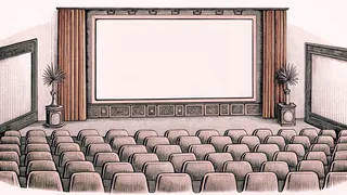 A projector lens is mounted above a row of cinema seats in a marble lobby.