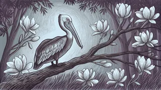 Pelicans nest among bald cypress trees adorned with magnolia flowers.