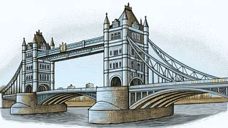 A striking bridge crosses a river above a famous racetrack with thoroughbred horses