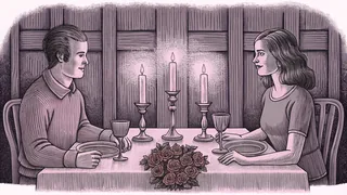 A romantic dinner glows by candlelight with red roses in a vase nearby.