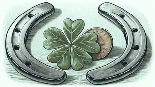 Lucky charms arranged together—horseshoe, clover leaf, penny, and shining rainbow.