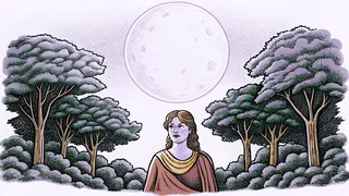A full moon illuminates a wild forest where a huntress stalks prey.