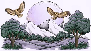 A massive moon ascends over shadowed peaks as nocturnal creatures stir.