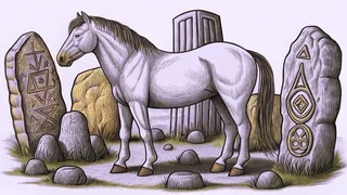 A pristine horse rests beside weathered megalithic stones in a misty valley.