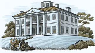 A stately antebellum mansion sits on a hillside overlooking a winding river