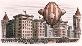 Enormous parade balloons soaring above decorated floats with marching musicians parading.
