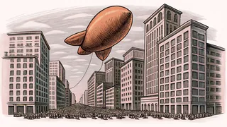 A colossal character balloon hovers over city buildings as parade marchers pass underneath on the street.