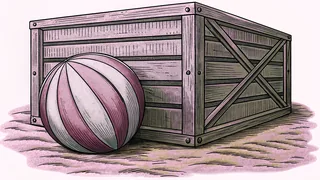 A slatted wooden shipping crate beside a striped beach ball resting on sand.