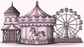 An ornate carousel horse stands before a fairground game booth with a bell tower and miniature ferris wheel nearby.