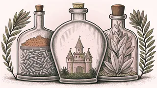 A castle tower stands beside mysterious glowing bottles and candlelight in shadows.