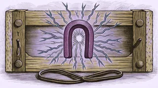 Blue electrical bolts crackle around a horseshoe magnet on a wooden laboratory bench.