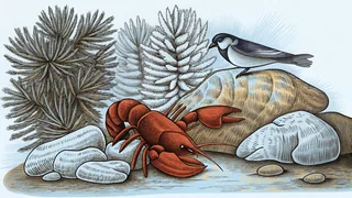 A lobster rests on rocky ground beneath towering white pine trees.