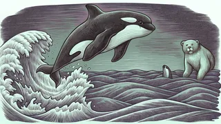 Marine mammals including an orca and polar bear in an Arctic seascape.
