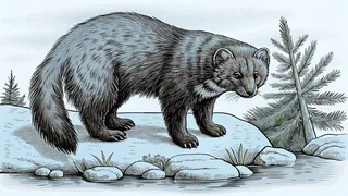 A wild fisher cat prowling a pine forest beside a clear lake.