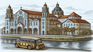 Historic churches and a jeepney along the Pasig River in Manila