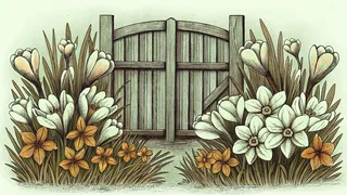 Daffodils and crocuses rising through grass beside a garden gate.
