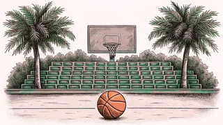 A plain orange basketball rests on an empty wooden court beneath a hoop with a white net.