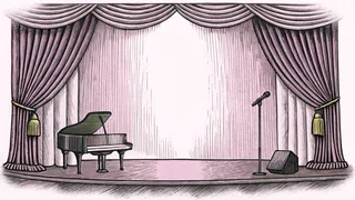 A grand piano stands beside a microphone on an elegant stage with warm amber lighting and velvet curtains.