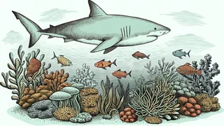 A colorful coral reef bustles with tropical fish near a prowling great white shark.