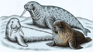 Various marine mammals including seals, walruses, sea otters, and tusked narwhals.