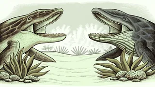 Prehistoric ocean creatures swimming through water.