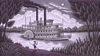 A paddle-wheel steamboat on the Mississippi River with a boy fishing on the shore.
