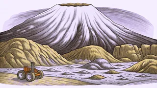 Red Martian terrain with massive Olympus Mons volcano, white polar ice caps, and exploring rover.
