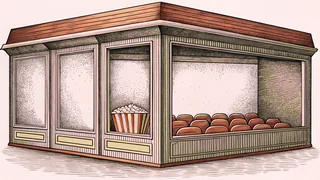 A ticket booth window frames a popcorn box and cinema seating inside.