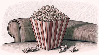 Striped popcorn and scattered candy wrappers rest on a cushioned chair.