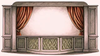 A ticket booth window and velvet curtain are framed by a chandelier.