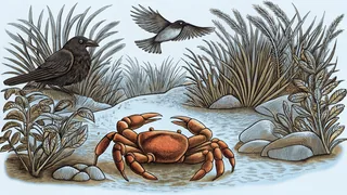 A crab emerges from sand as ravens and an oriole fly above.