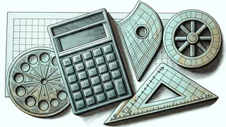 Calculator surrounded by geometric shapes and mathematical grid patterns