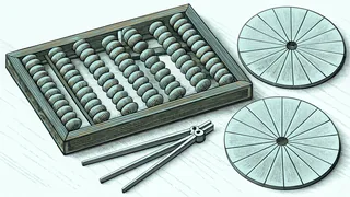 A wooden abacus sits beside fraction circles and a pair of dividers on a school desk.