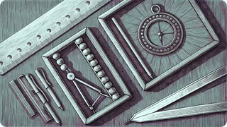 Math tools including an abacus, compass, and protractor on a wooden desk.