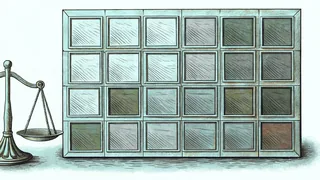 Wooden blocks arranged in a grid pattern beside a balance scale.