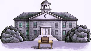 A brick schoolhouse with a bell tower rises above a wooden desk and a leather satchel.