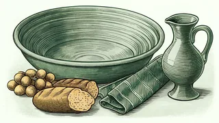 Bread, wine, a basin, and towel evoke Maundy Thursday's Last Supper tradition.