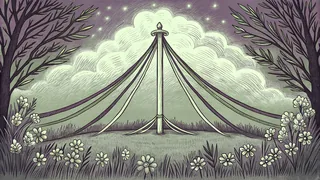Streamers swirl around a maypole draped with flower crowns in a spring celebration.