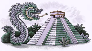A carved serpent monument towers above a crumbling pyramid in the rainforest.