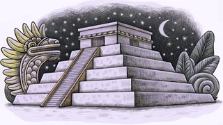 A jade serpent monument guards the entrance to an ancient ceremonial pyramid.