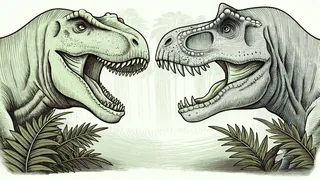 Meat-eating dinosaurs baring fangs and talons.