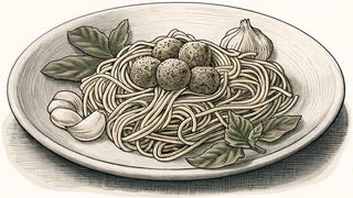 A steaming bowl of spaghetti topped with seasoned meatballs, fresh herbs, and grated cheese.