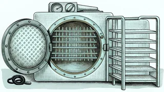 An autoclave sterilizer sits beside a blood-pressure cuff and a rack of specimen vials in a clinic back office.