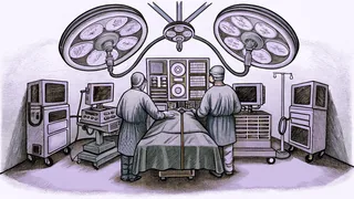 A medical operating room with surgical equipment and monitoring devices.