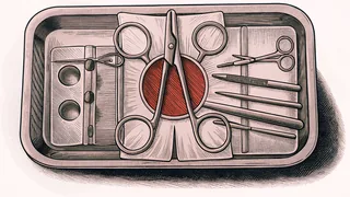 Surgical instruments including a scalpel and curved sutures lie on a steel tray under a bright lamp.